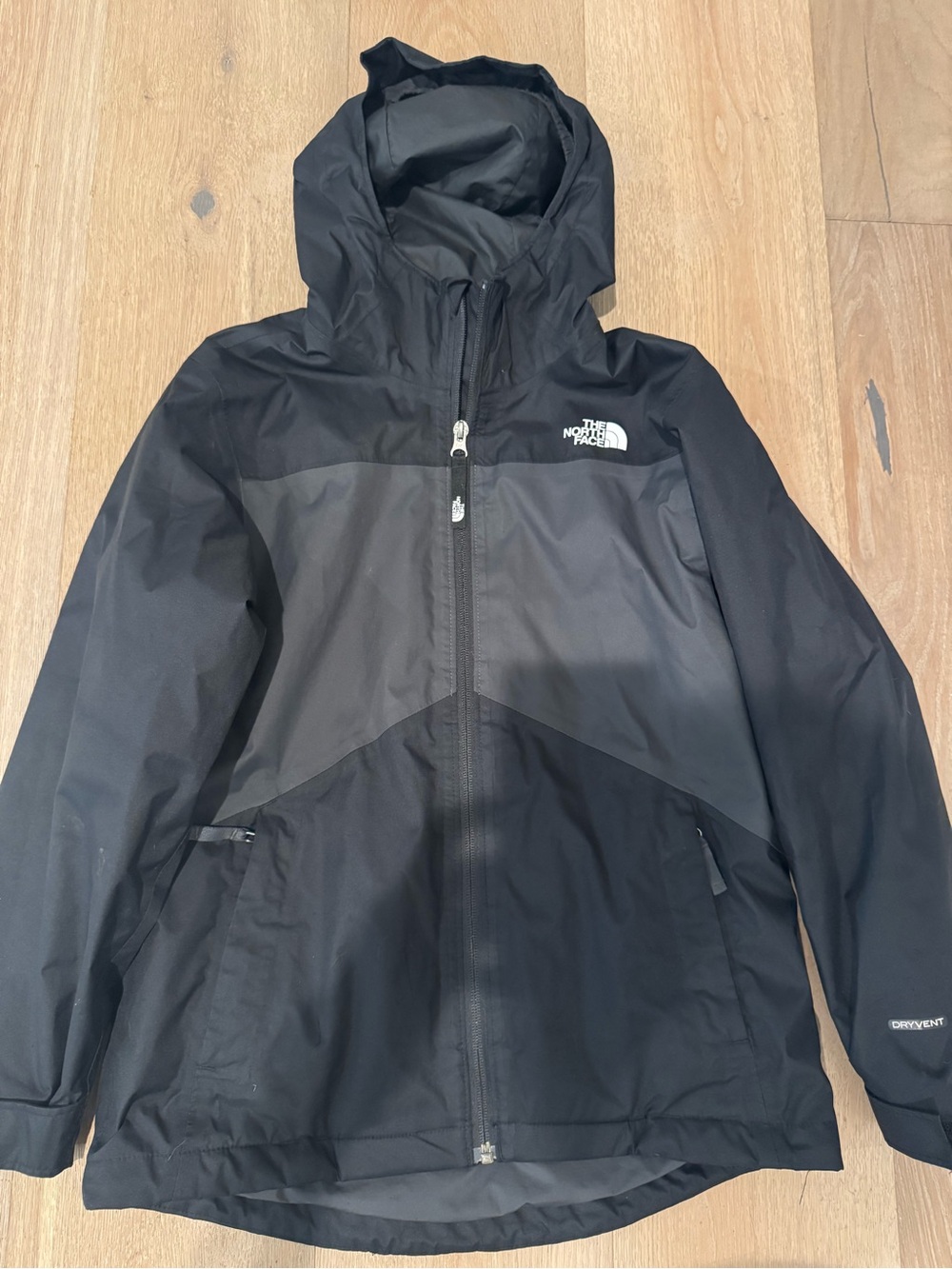 The North Face Kids Black Hooded Rain Jacket with Gray Panels